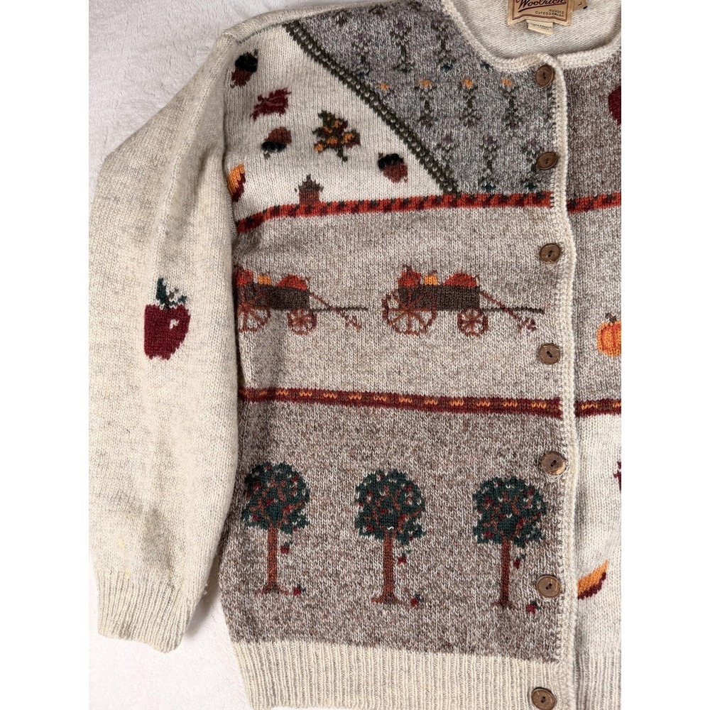Woolrich Cardigan Sweater Womens Large Beige 100% Wool Fall Harvest Apple Knit - Picture 4 of 16